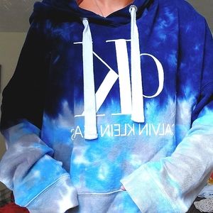 Calvin Klein Jean's hoodie, L, tie-dye navy, white, light blue and grey